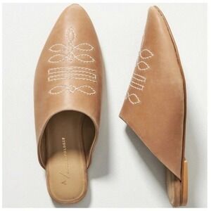 Anthropologie Western Embroidered Leather Pointed Toe Mules Tan Slip‑On Size 40